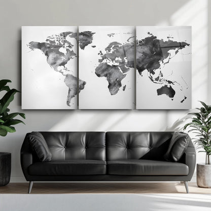 Siyah Beyaz Dünya Haritası Üçlü Set Cam Tablo