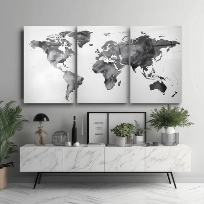 Siyah Beyaz Dünya Haritası Üçlü Set Cam Tablo