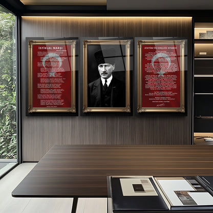 Atatürk Köşesi Üçlü Set Cam Tablo