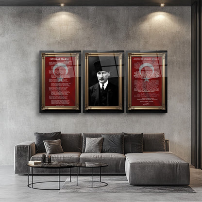 Atatürk Köşesi Üçlü Set Cam Tablo