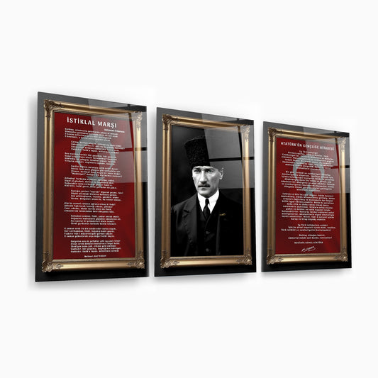 Atatürk Köşesi Üçlü Set Cam Tablo