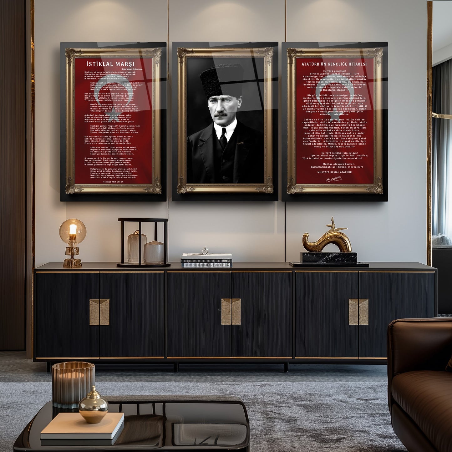 Atatürk Köşesi Üçlü Set Cam Tablo