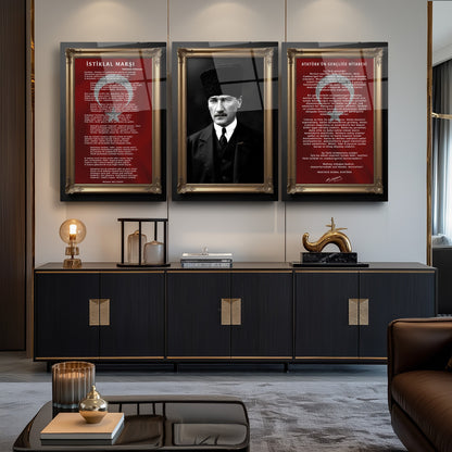 Atatürk Köşesi Üçlü Set Cam Tablo