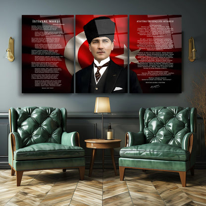 Atatürk Köşesi Üçlü Set Cam Tablo