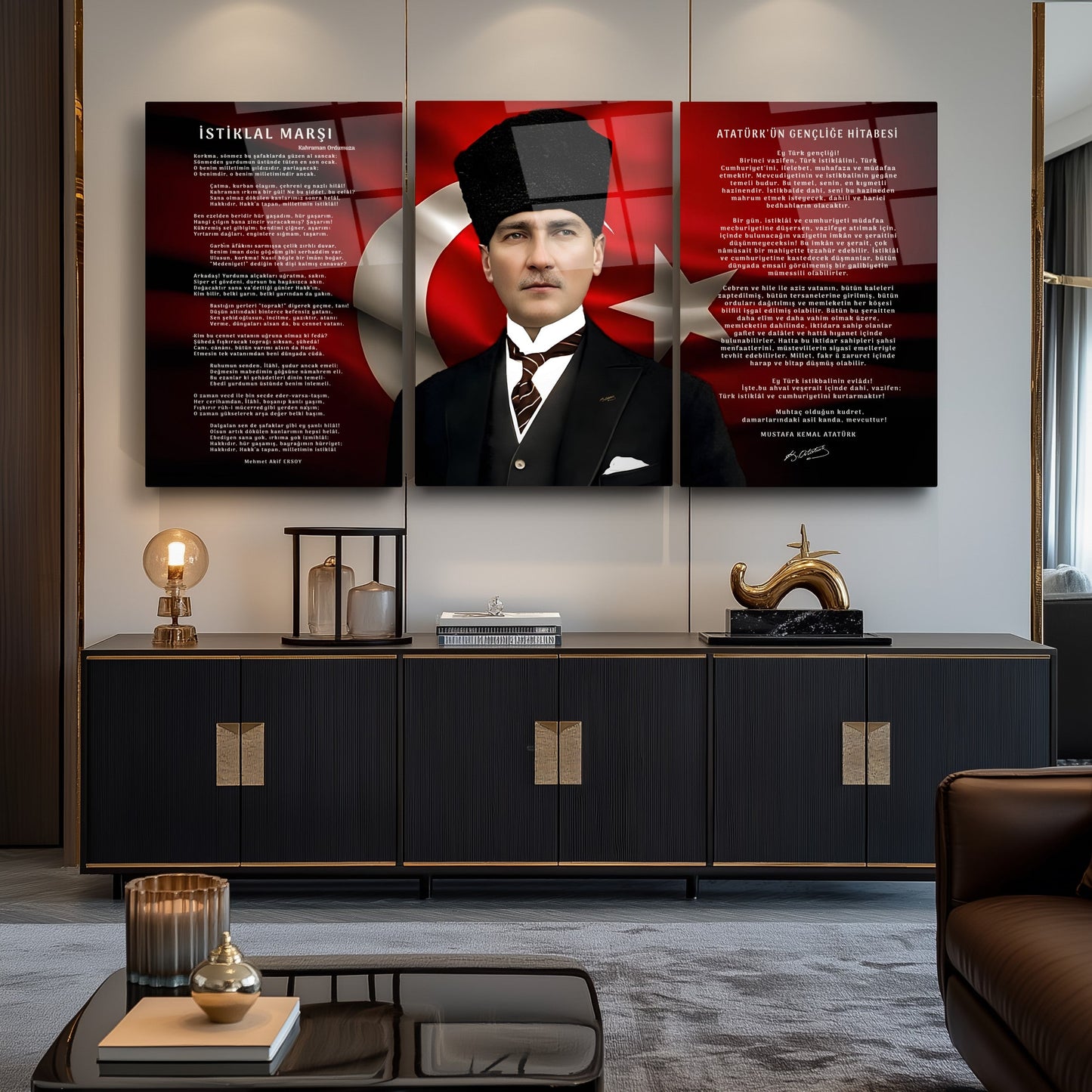 Atatürk Köşesi Üçlü Set Cam Tablo