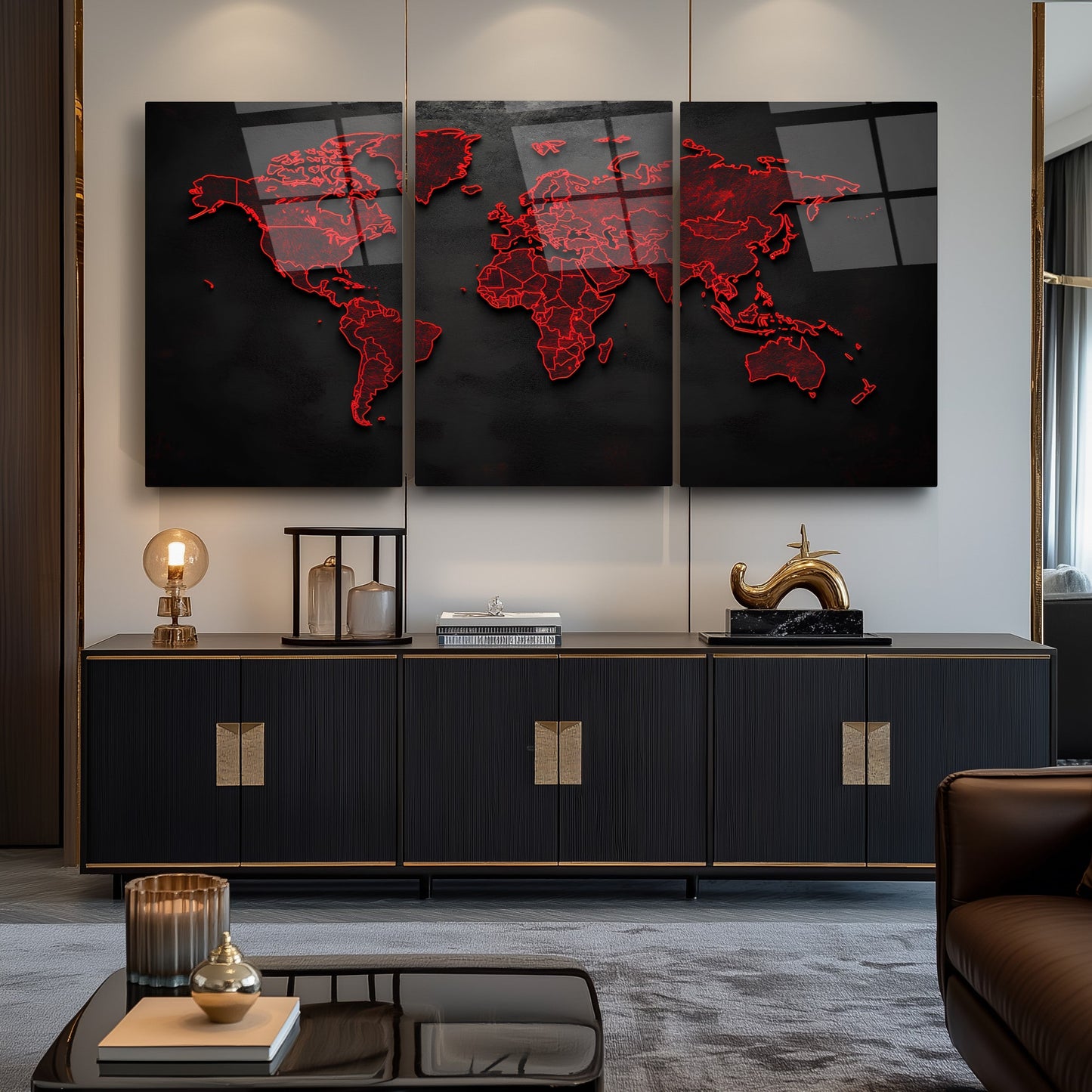 Kırmızı Detay Dünya Haritası Üçlü Set Cam Tablo
