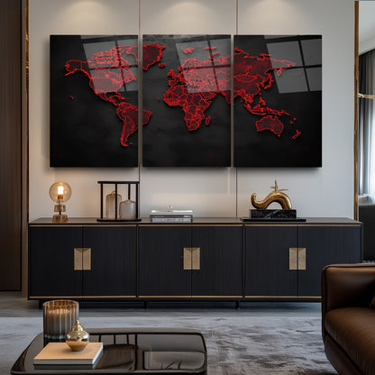 Kırmızı Detay Dünya Haritası Üçlü Set Cam Tablo