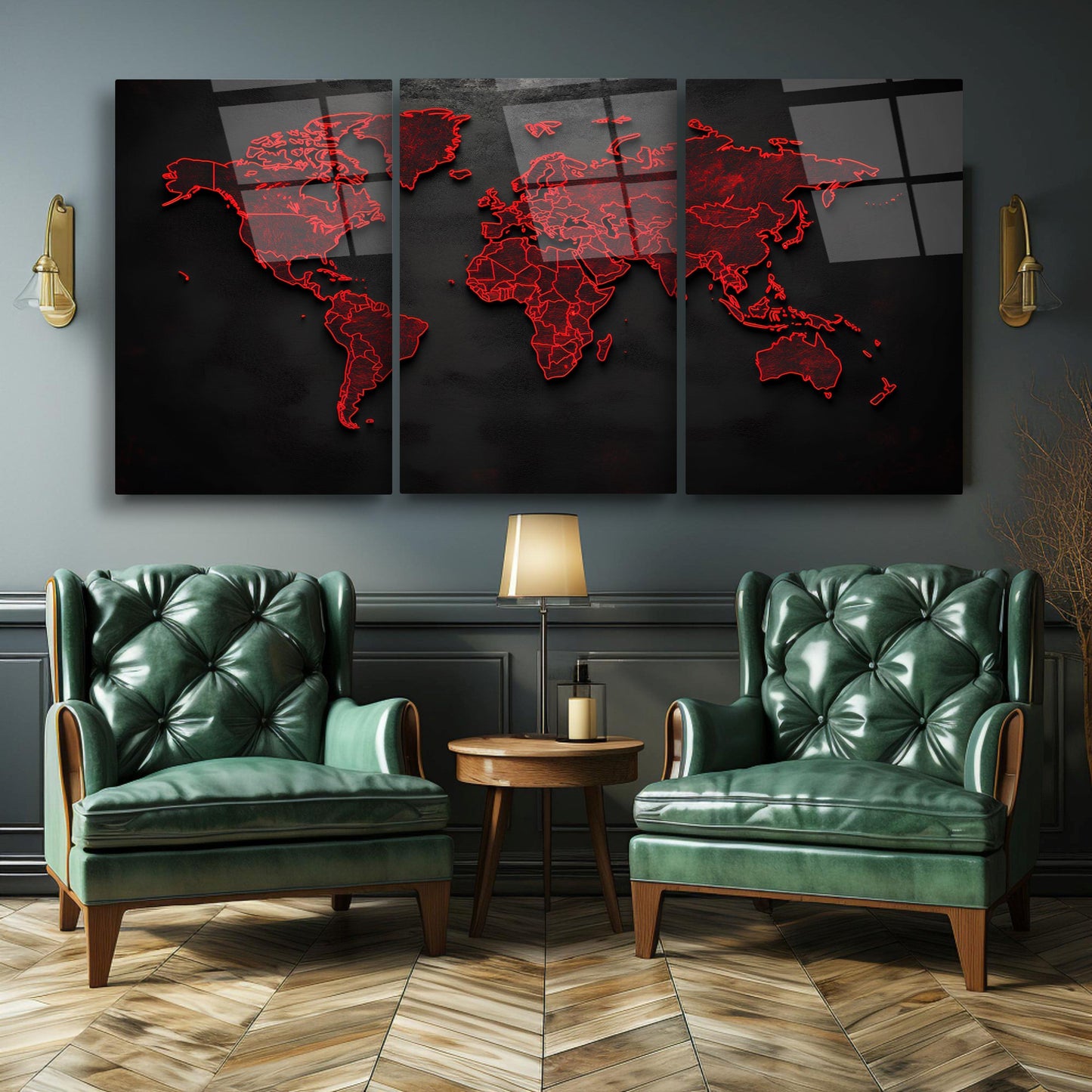 Kırmızı Detay Dünya Haritası Üçlü Set Cam Tablo