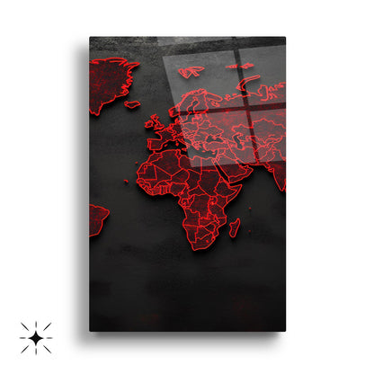 Kırmızı Detay Dünya Haritası Üçlü Set Cam Tablo