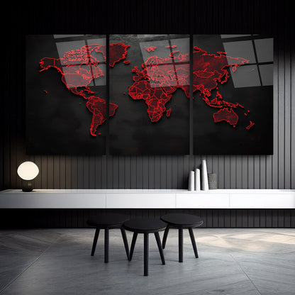 Kırmızı Detay Dünya Haritası Üçlü Set Cam Tablo