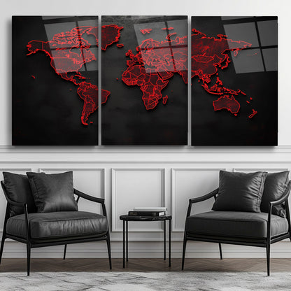Kırmızı Detay Dünya Haritası Üçlü Set Cam Tablo