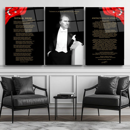 Atatürk Köşesi Üçlü Set Cam Tablo
