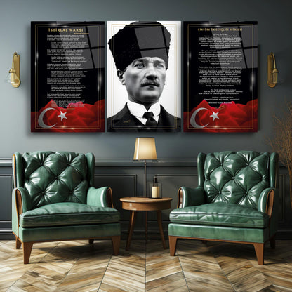 Atatürk Köşesi Üçlü Set Cam Tablo
