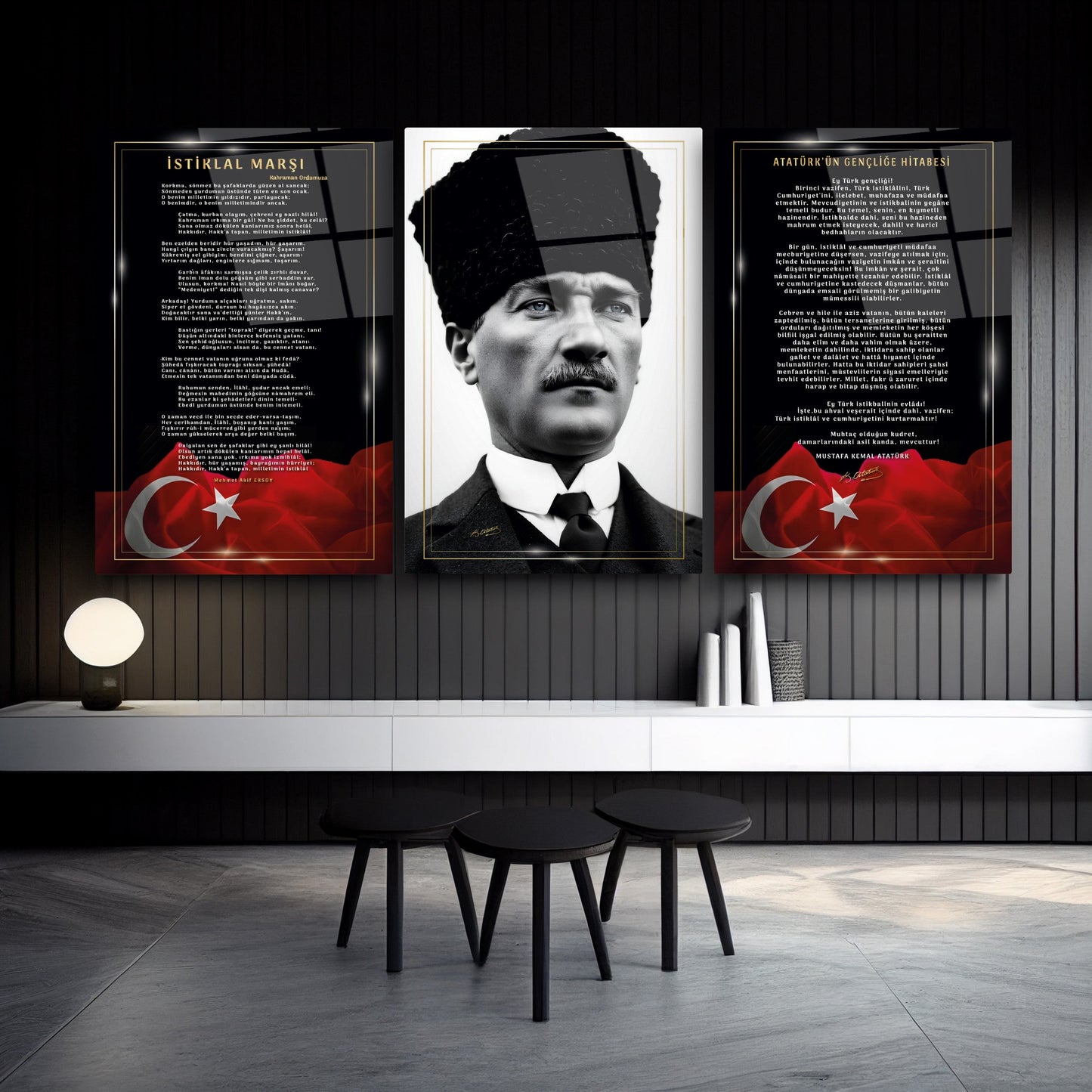 Atatürk Köşesi Üçlü Set Cam Tablo
