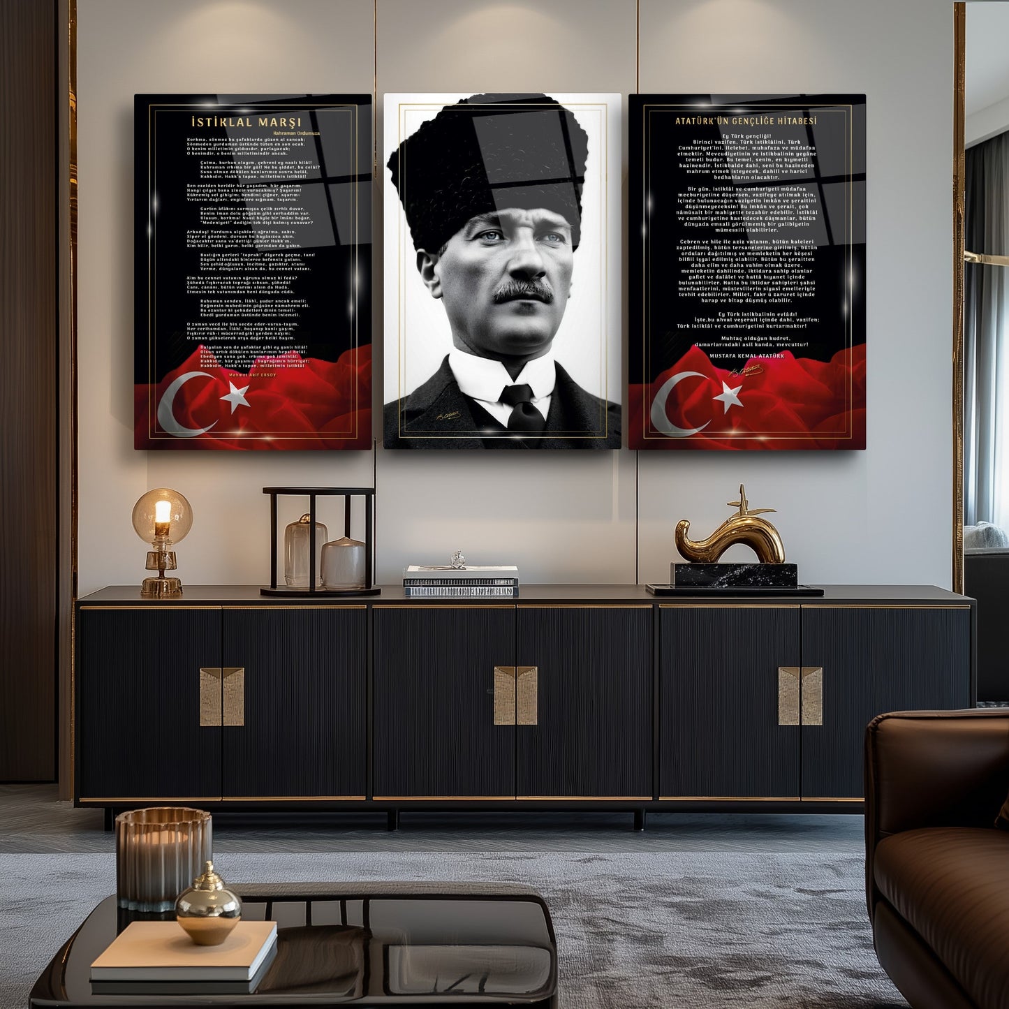 Atatürk Köşesi Üçlü Set Cam Tablo