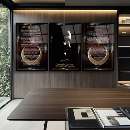 Atatürk Köşesi Üçlü Set Cam Tablo
