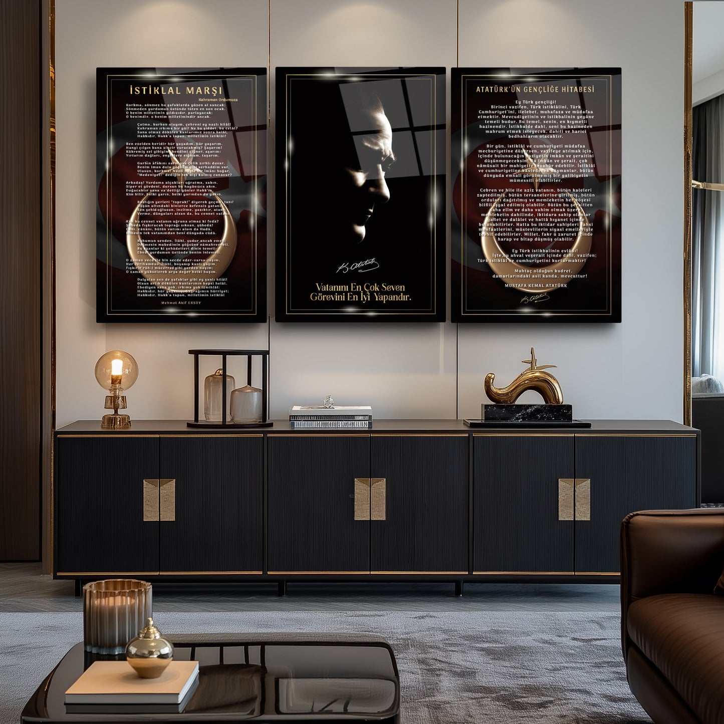 Atatürk Köşesi Üçlü Set Cam Tablo