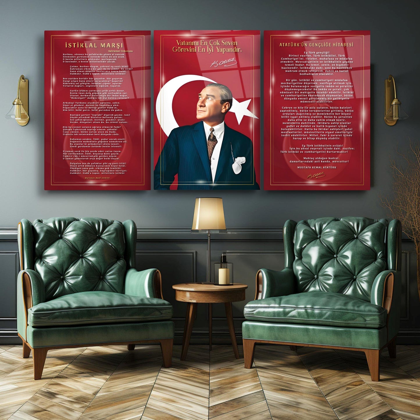 Atatürk Köşesi Üçlü Set Cam Tablo