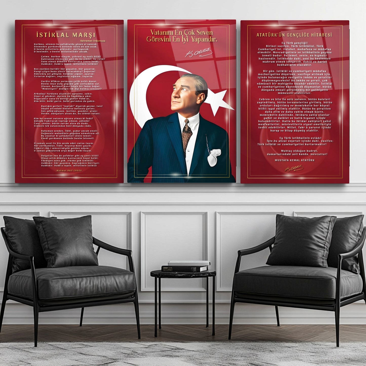 Atatürk Köşesi Üçlü Set Cam Tablo