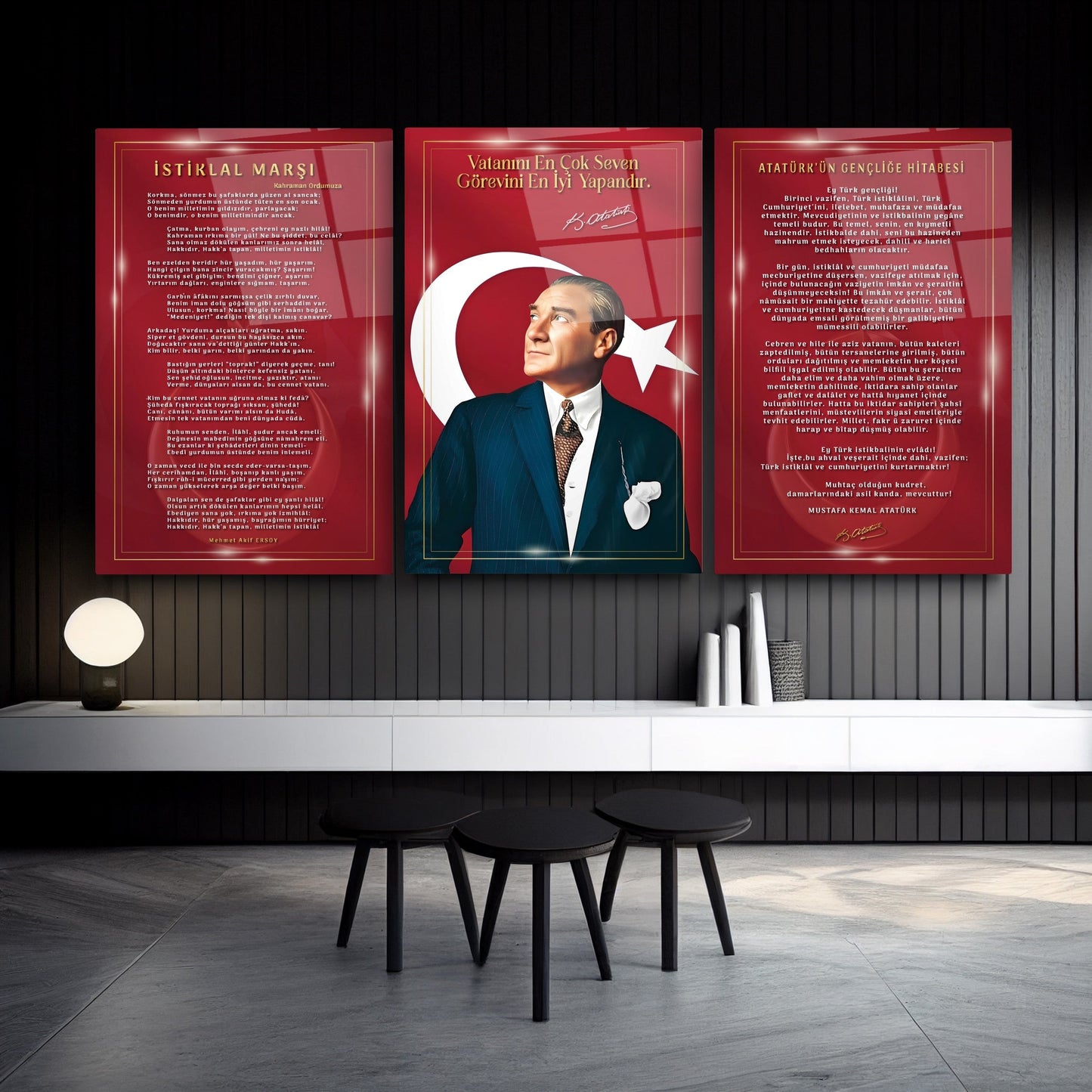 Atatürk Köşesi Üçlü Set Cam Tablo