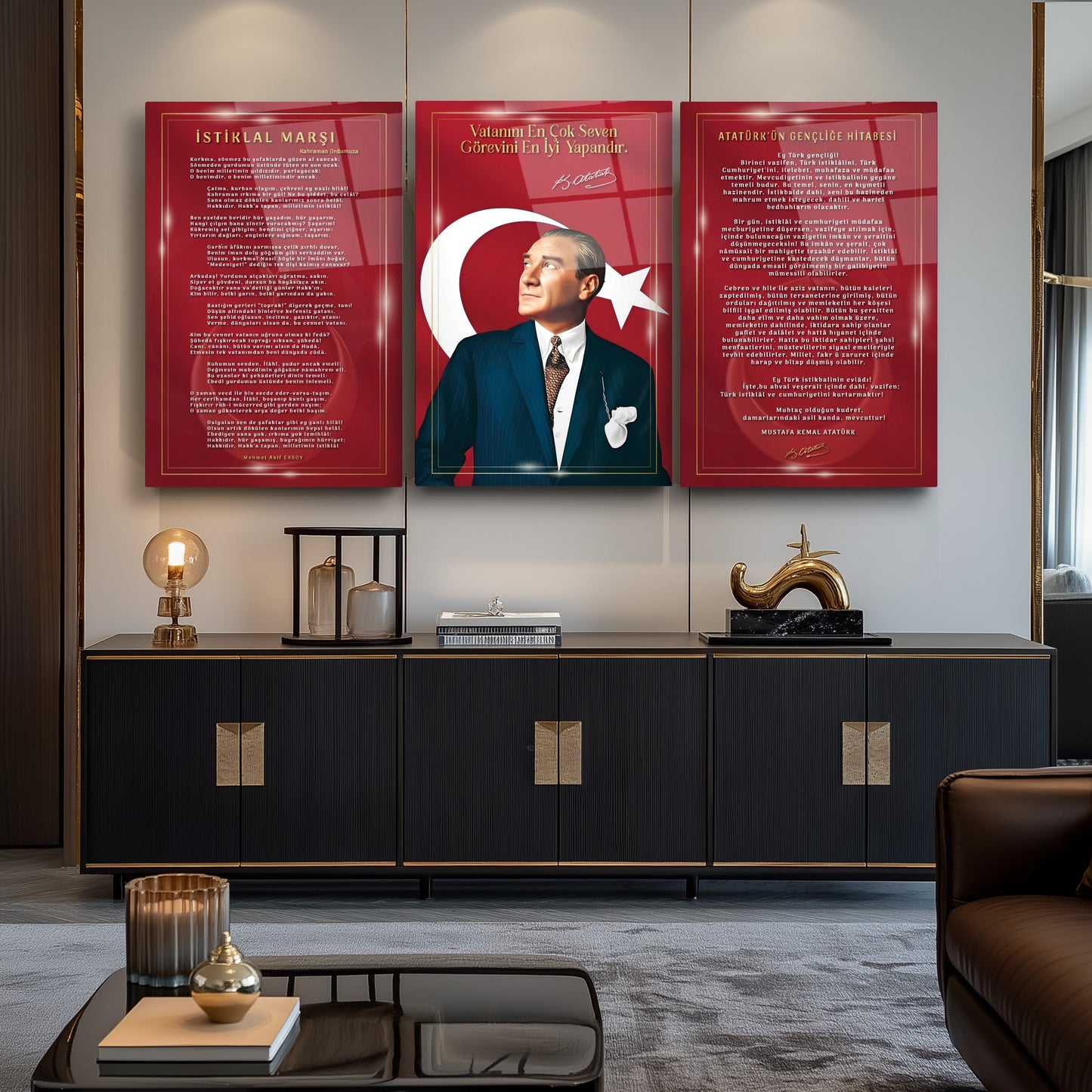 Atatürk Köşesi Üçlü Set Cam Tablo