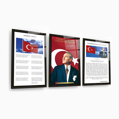 Atatürk Köşesi Üçlü Set Cam Tablo