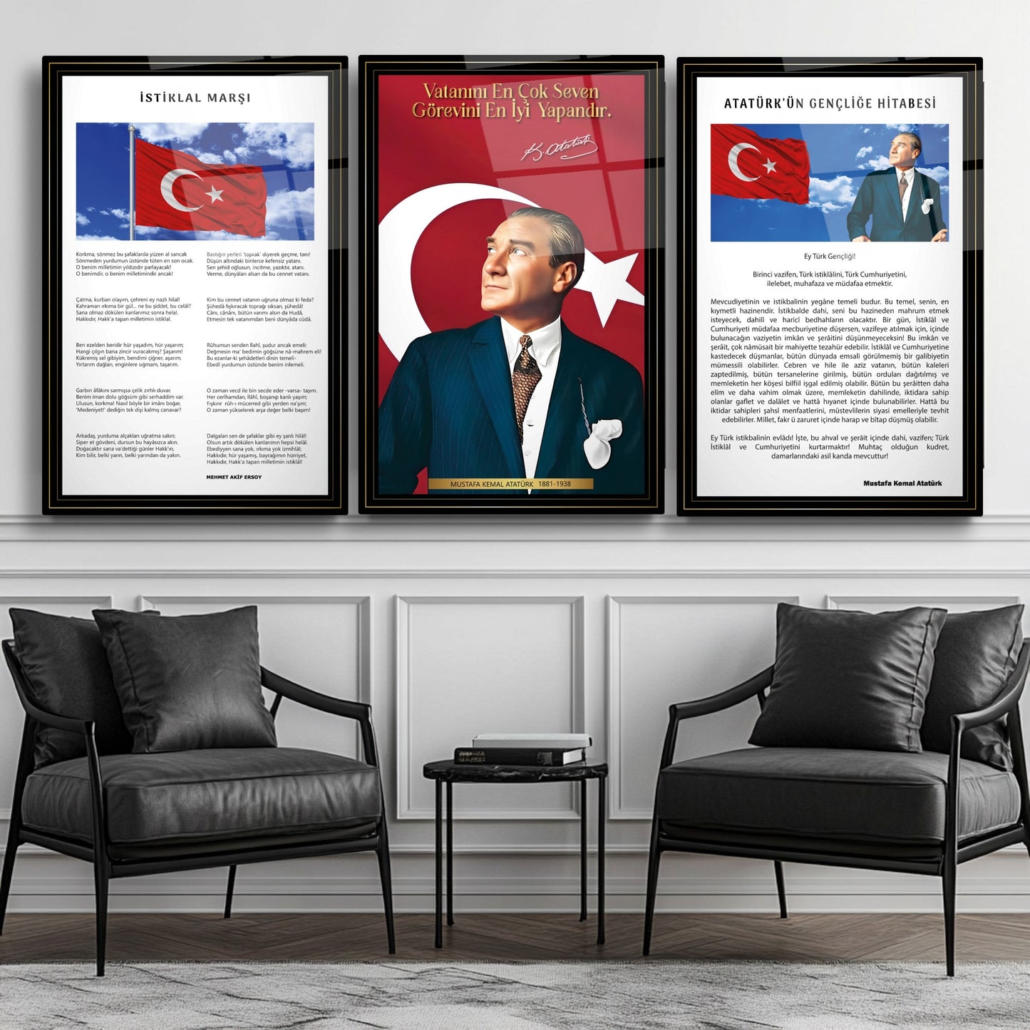 Atatürk Köşesi Üçlü Set Cam Tablo