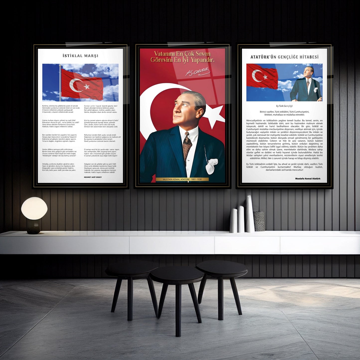 Atatürk Köşesi Üçlü Set Cam Tablo