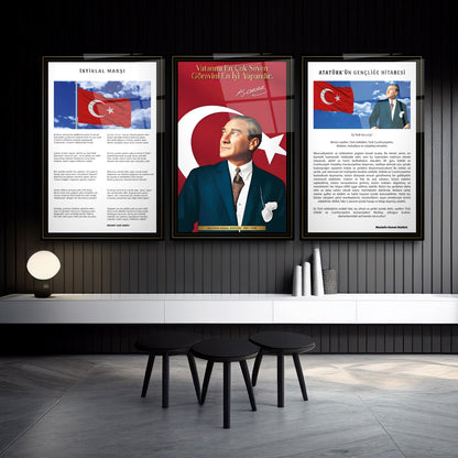 Atatürk Köşesi Üçlü Set Cam Tablo