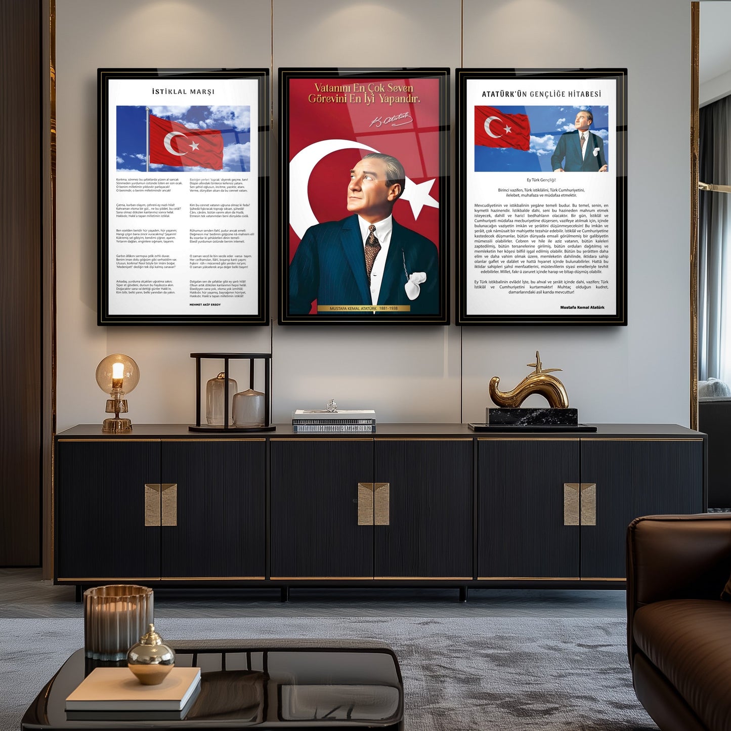 Atatürk Köşesi Üçlü Set Cam Tablo