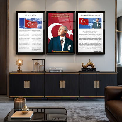 Atatürk Köşesi Üçlü Set Cam Tablo