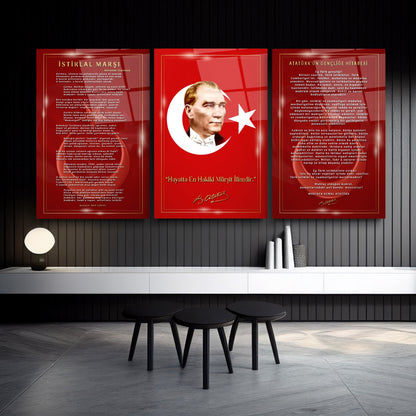 Atatürk Köşesi Üçlü Set Cam Tablo