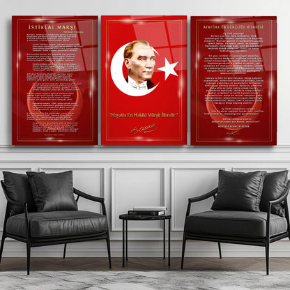 Atatürk Köşesi Üçlü Set Cam Tablo