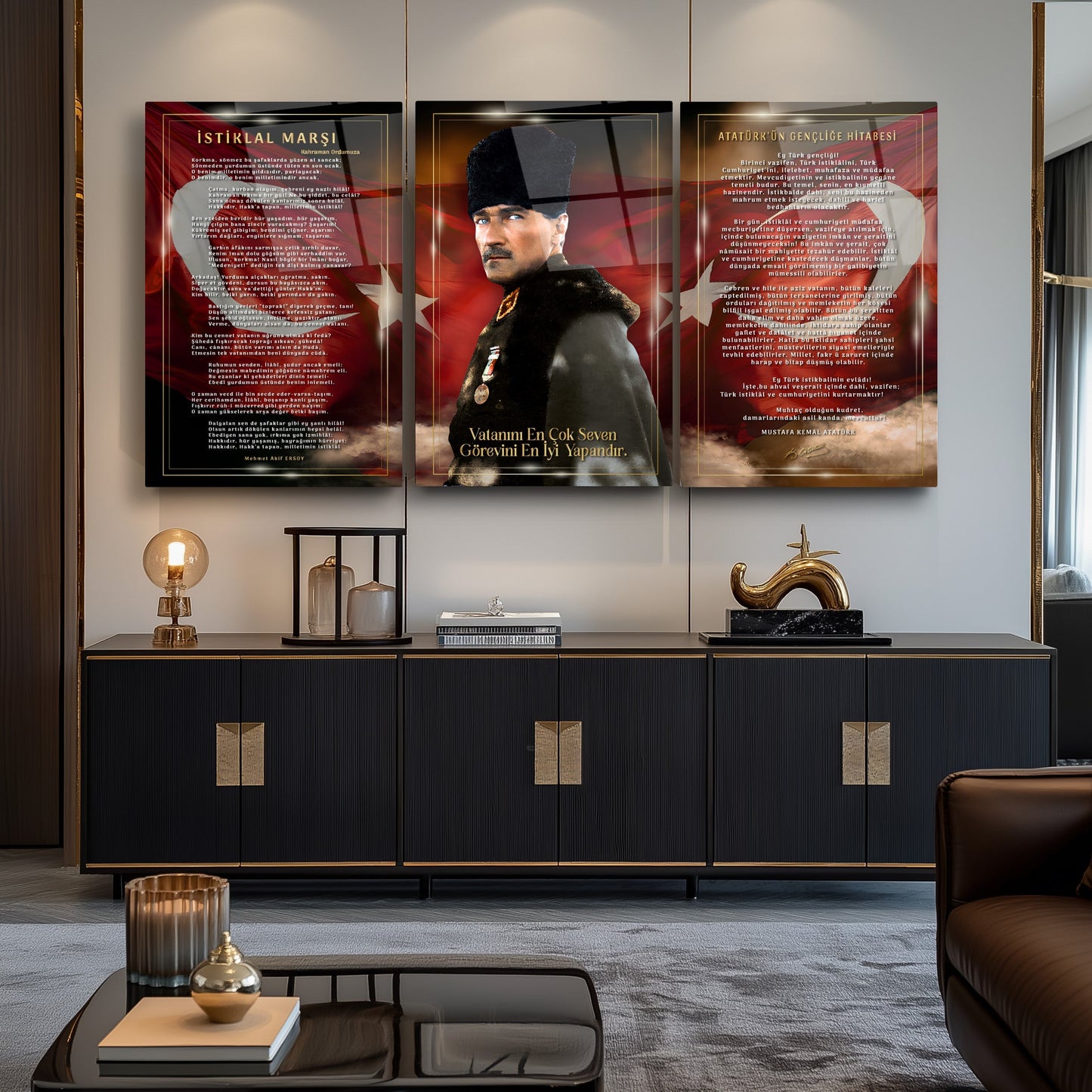 Atatürk Köşesi Üçlü Set Cam Tablo