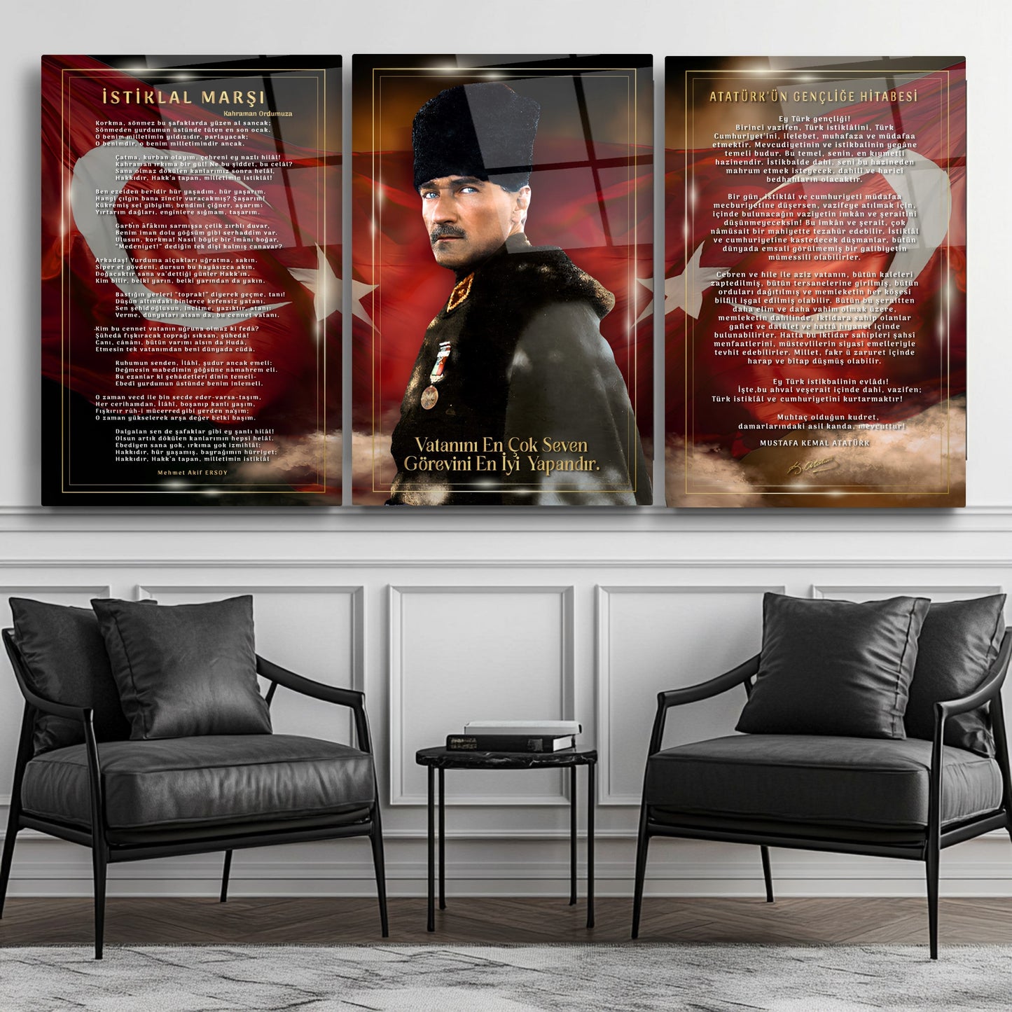 Atatürk Köşesi Üçlü Set Cam Tablo