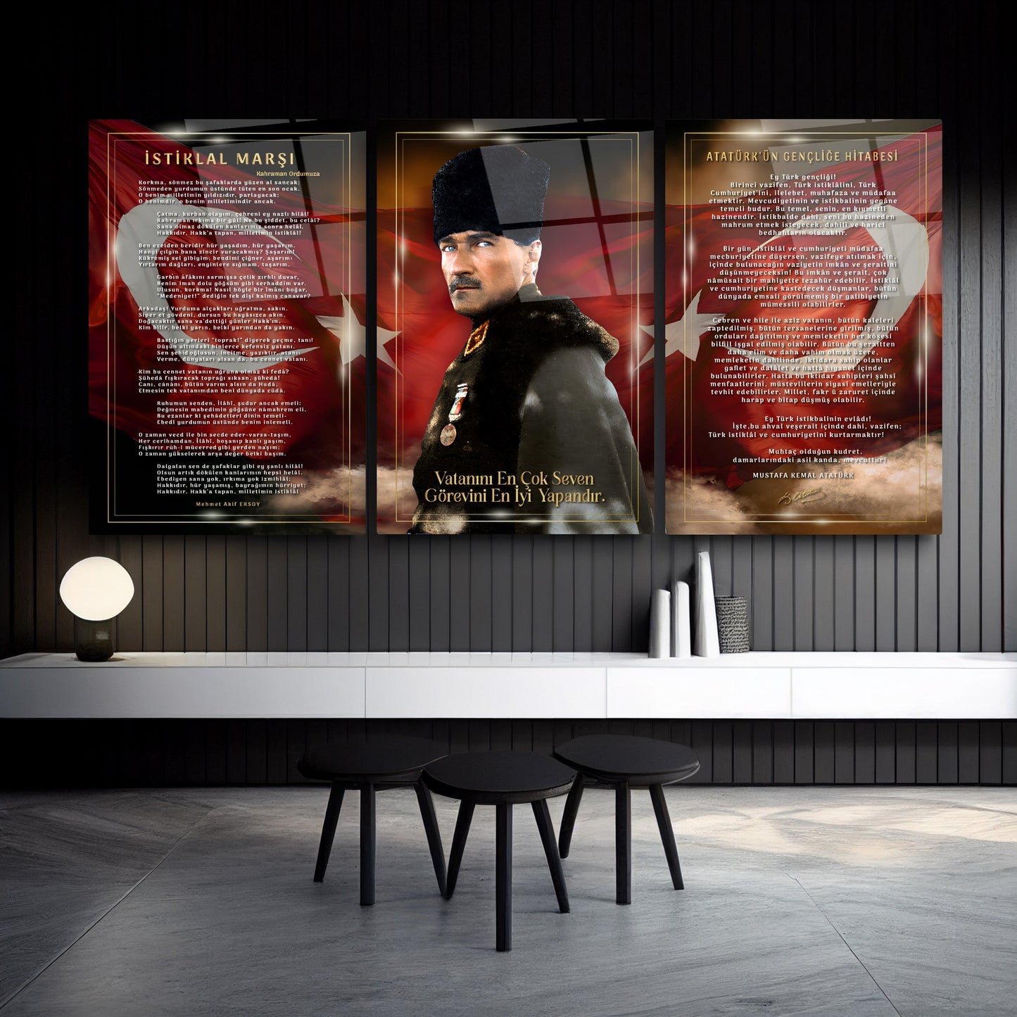 Atatürk Köşesi Üçlü Set Cam Tablo