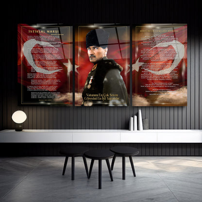 Atatürk Köşesi Üçlü Set Cam Tablo