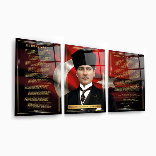 Atatürk Köşesi Üçlü Set Cam Tablo