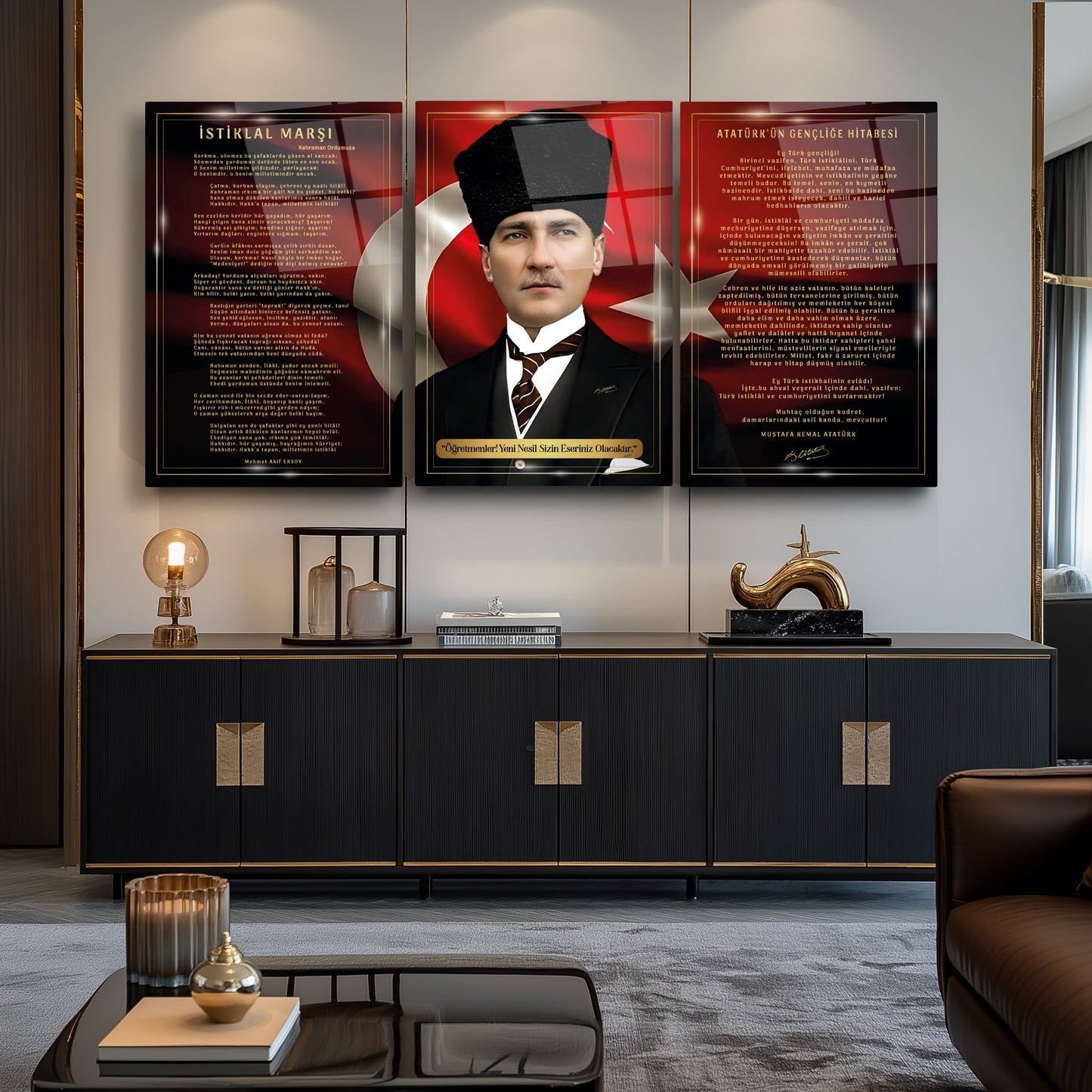 Atatürk Köşesi Üçlü Set Cam Tablo