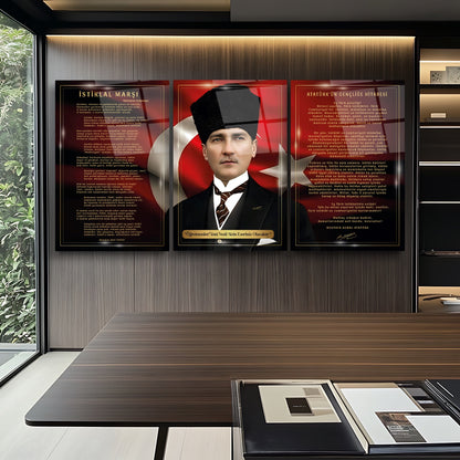 Atatürk Köşesi Üçlü Set Cam Tablo