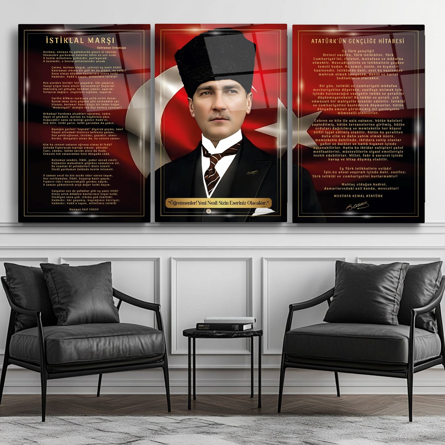 Atatürk Köşesi Üçlü Set Cam Tablo