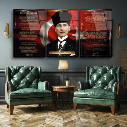 Atatürk Köşesi Üçlü Set Cam Tablo