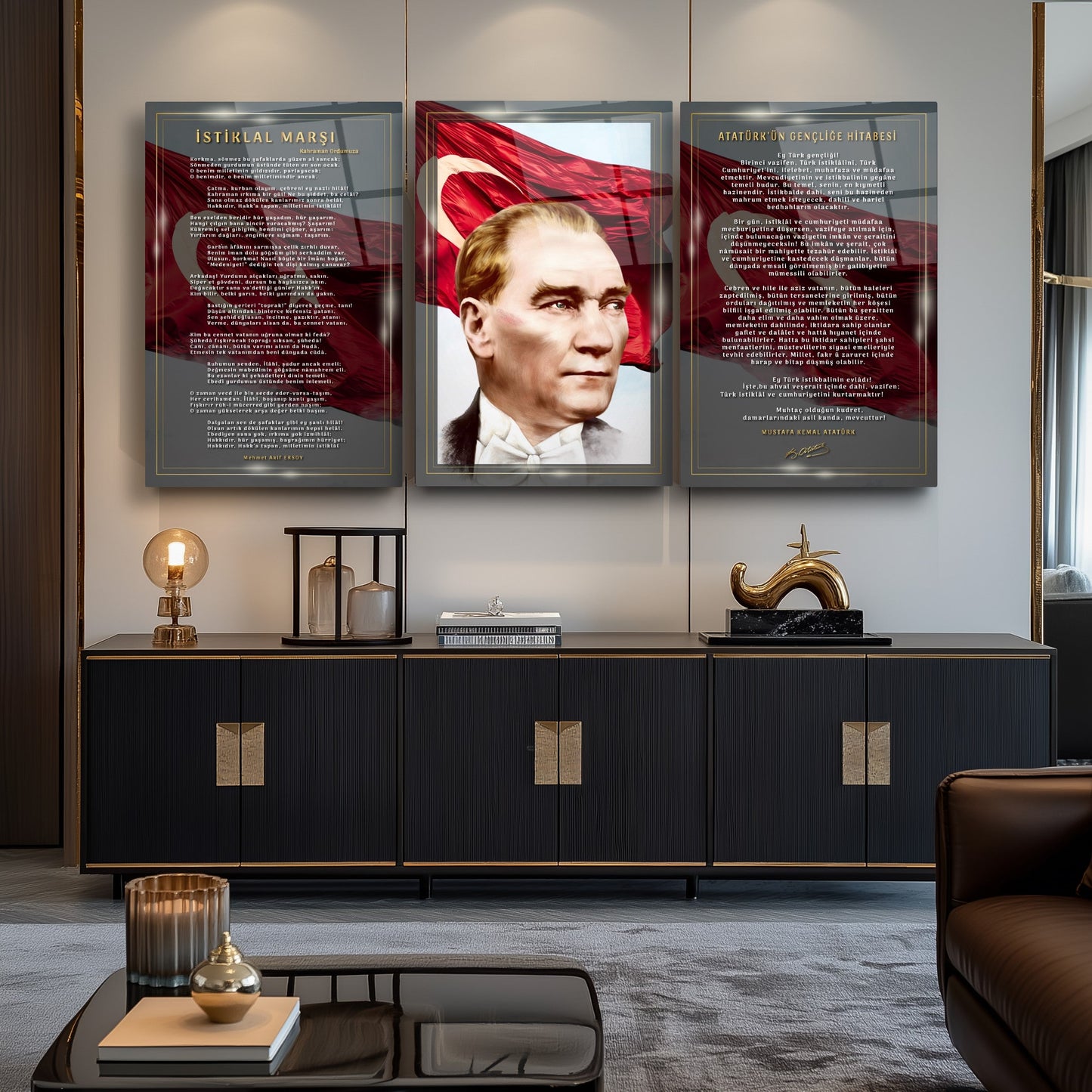 Atatürk Köşesi Üçlü Set Cam Tablo