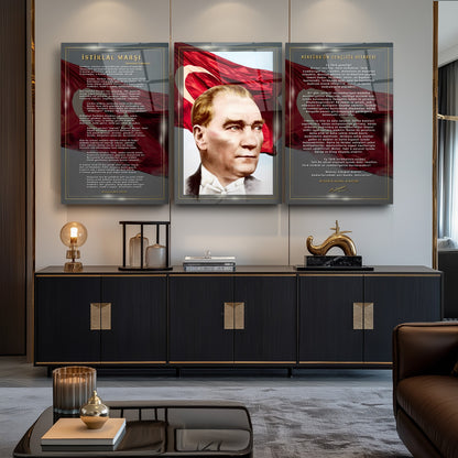 Atatürk Köşesi Üçlü Set Cam Tablo