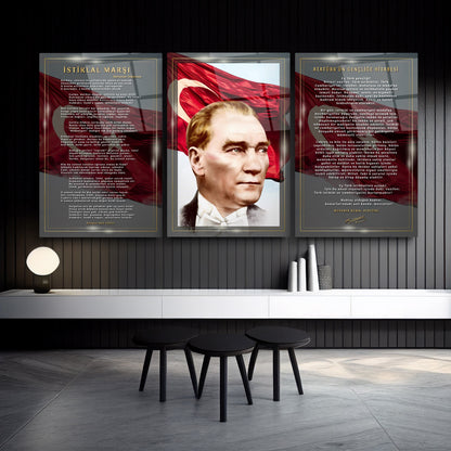 Atatürk Köşesi Üçlü Set Cam Tablo