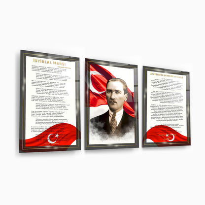 Atatürk Köşesi Üçlü Set Cam Tablo