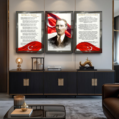 Atatürk Köşesi Üçlü Set Cam Tablo