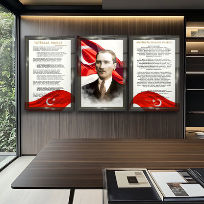 Atatürk Köşesi Üçlü Set Cam Tablo