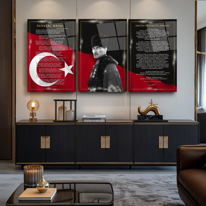 Atatürk Köşesi Üçlü Set Cam Tablo