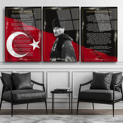 Atatürk Köşesi Üçlü Set Cam Tablo